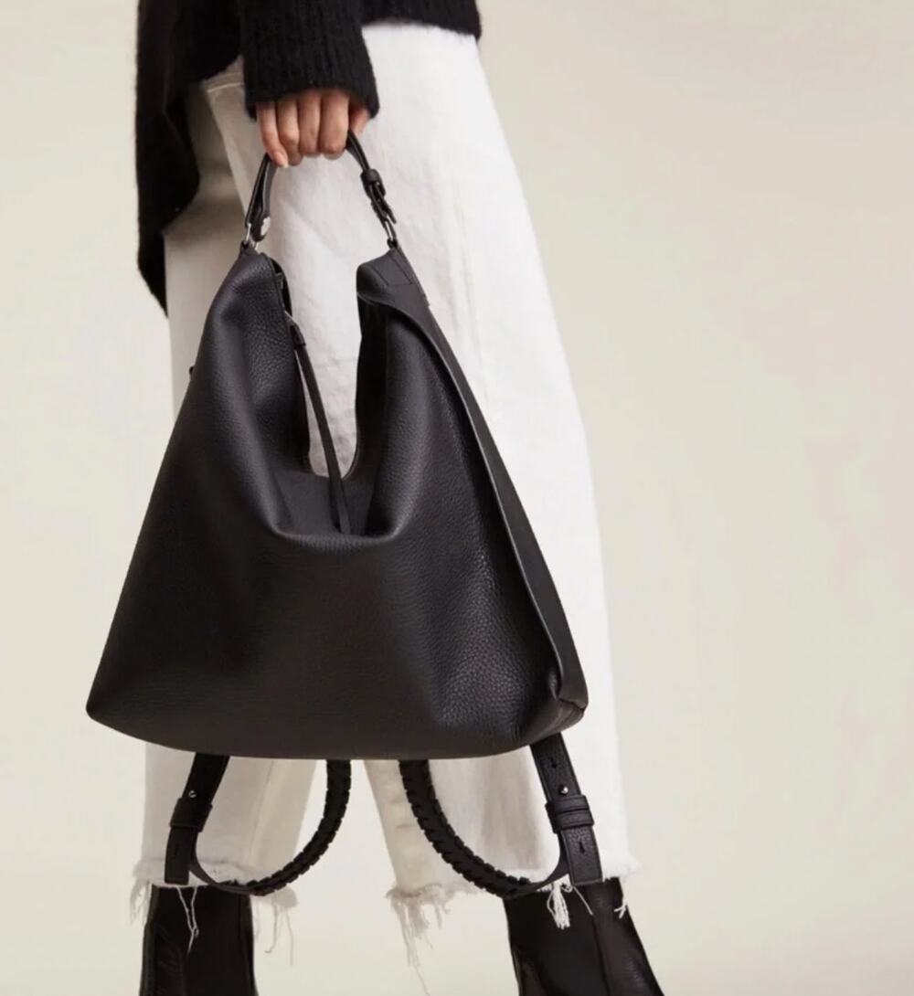 AllSaints Kita Leather Backpack Tote Textured Work Bag Black